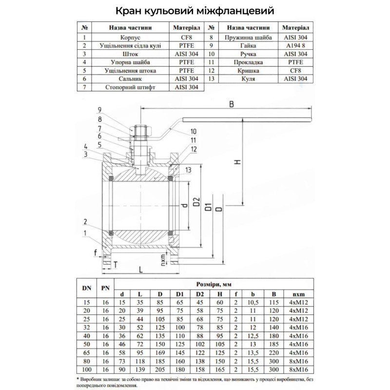 Кран кульовий DN 125 16 бар міжфланцевий литий нержавіючий [90526] Armaval