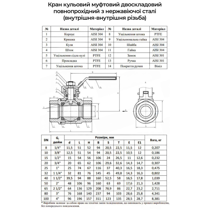 Кран кульовий DN 100 (4") муфтовий різьба внутрішня/внутрішня двоскладовий нержавіючий [90499] Armaval
