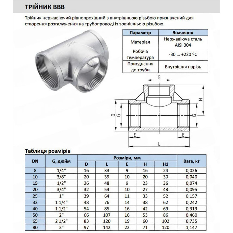 Трійник DN 50 (2") 20 бар різьба внутрішня нержавіюча сталь [T83470] Armaval