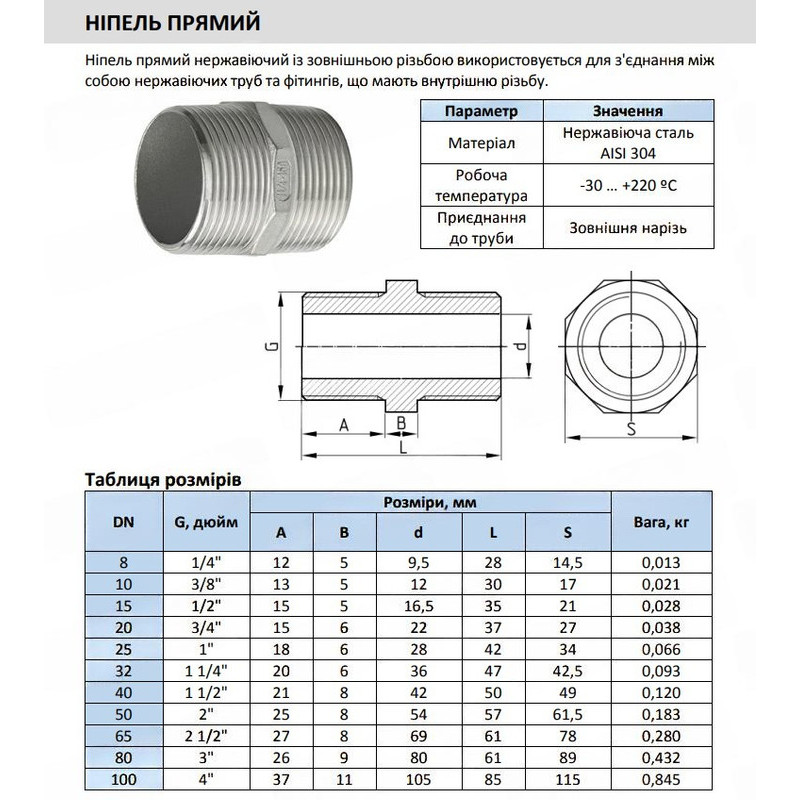 Ніпель прямий DN 65 (2 1/2") 20 бар з зовнішньою різьбою нержавіюча сталь [N77826] Armaval
