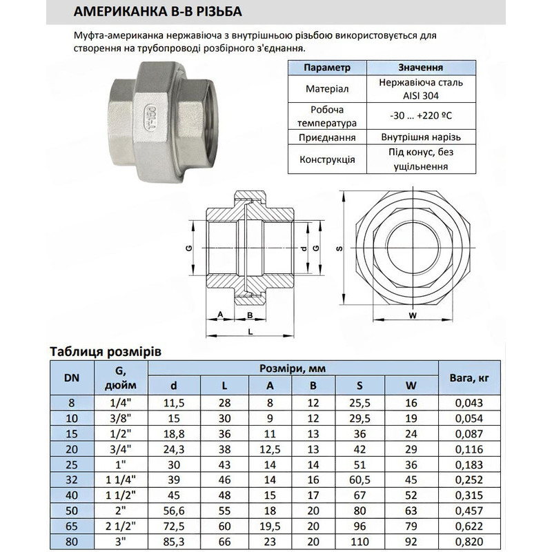 Муфта американка DN 25 (1") 20 бар різьба внутрішня/внутрішня пряма нержавіюча [FF83523] Armaval