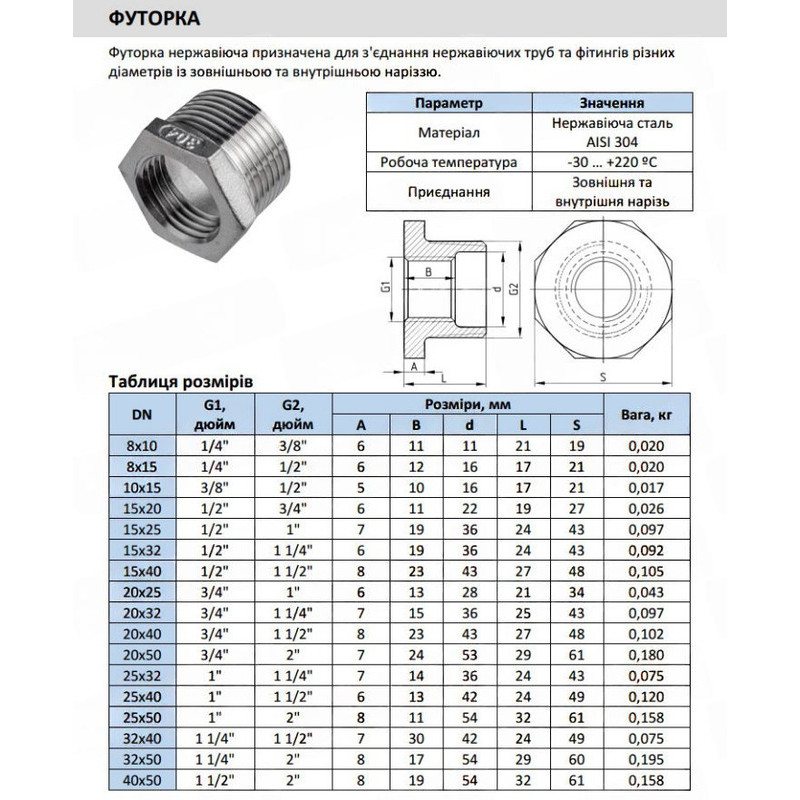 Футорка DN 8x10 (1/4"x3/8") 20 бар різьба внутрішня/зовнішня нержавіюча сталь [RB89417] Armaval