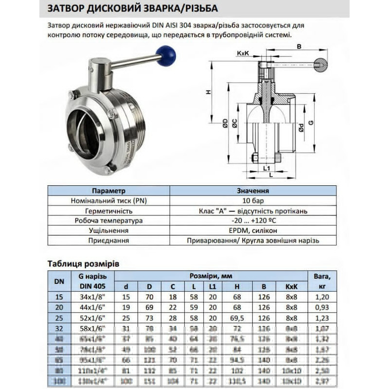 Затвор дисковий різьба/зварка DN 65 10 бар поворотний нержавіючий [85283] Armaval