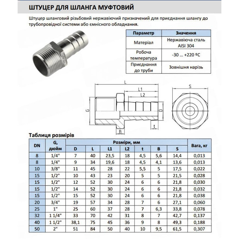 Штуцер для шланга DN 25x25 (1") 20 бар з зовнішньою різьбою нержавіючий [HF89576] Armaval