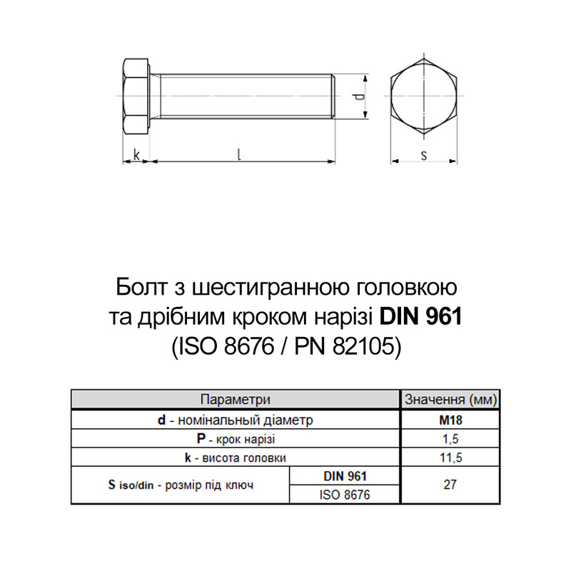 DIN961 М18х60 повна різьба дрібний крок 1,5мм сталь 10.9 болт шестигранна головка під ключ 27мм [5T60005T6X81506000] Metalvis