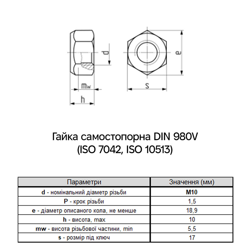 DIN980V М10 сталь 8 крок 1,5 під ключ 17мм гайка самостопорна цинк білий (50 шт.) [6V22000006V2100020] Metalvis