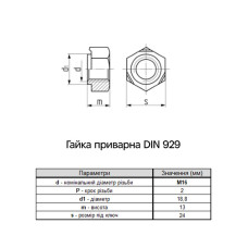 DIN929 М16 сталь шаг 2 под ключ 24мм гайка приварная без покрытия (25 шт.) [6R00000006R1600000] Metalvis