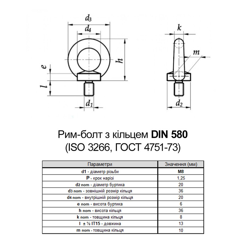 DIN580 М8х13 сталь болт с кольцом (рым-болт) оцинкованный (10шт.) [5M8200000B5M808200] Metalvis