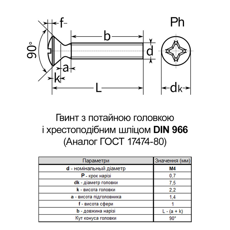 DIN966 М4х40 сталь 4.8 винт цинк белый полная резьба шаг 0,7 [5M32000005M3404020] полупотайная PH2 Metalvis