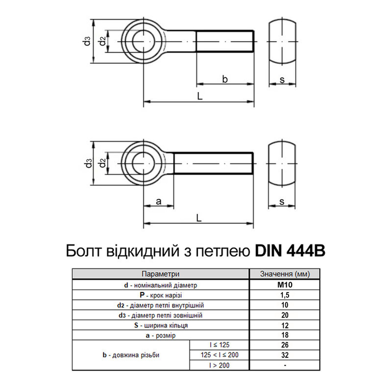 DIN444B М10x50 повна різьба сталь 8.8 болт відкидний з кільцем оцинкований (5 шт.) [5S6200005S62105021] Metalvis