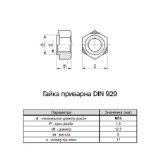 DIN929 М10 сталь шаг 1,5 под ключ 17мм гайка приварная без покрытия (50 шт.) [6R00000006R1000000] Metalvis