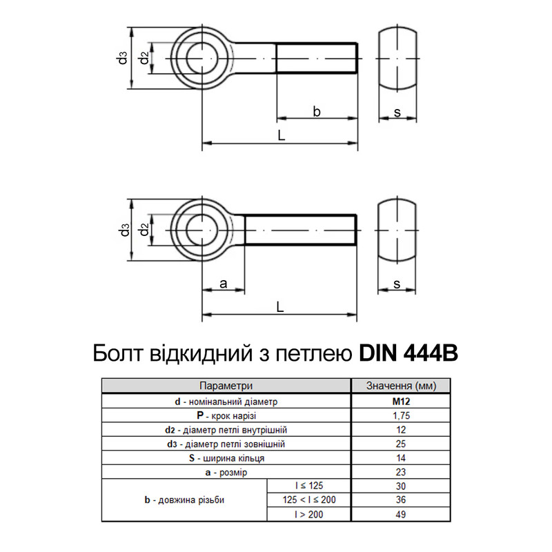 DIN444B М12х80 полная резьба сталь 4.6 болт откидной с кольцом оцинкованный (25шт.) [5S6200005S62128020] Metalvis