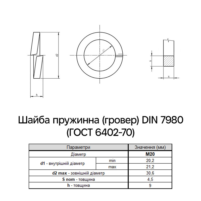 DIN7980 М20 внешний ⌀30,6мм толщина 4,5мм нержавеющая сталь шайба пружинная (гровер) (25 шт.) [N7P00000N7P20O0000] Metalvis