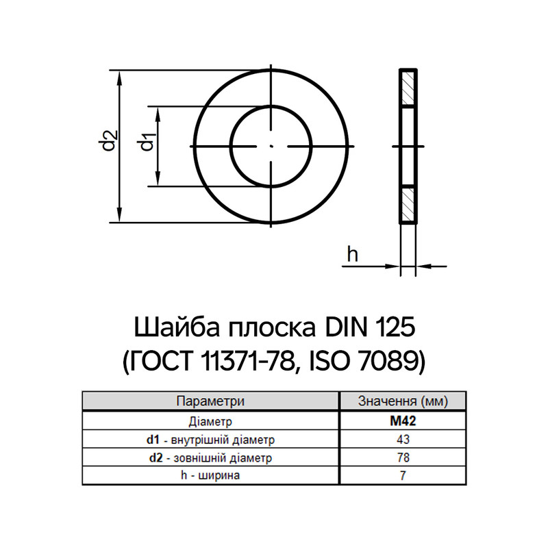 DIN125-1 М42 зовнішній ⌀78мм товщина 7мм сталь шайба плоска цинк білий (5 шт.) [7O20000007O4220000] Metalvis