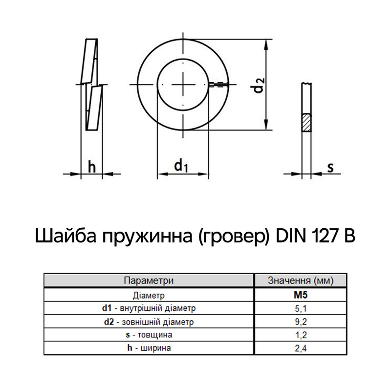 DIN127B М5 внешний ⌀9,2мм толщина 1,2мм сталь шайба пружинная (гровер) цинк белый (250 шт.) [7P20000007P0520002] Metalvis