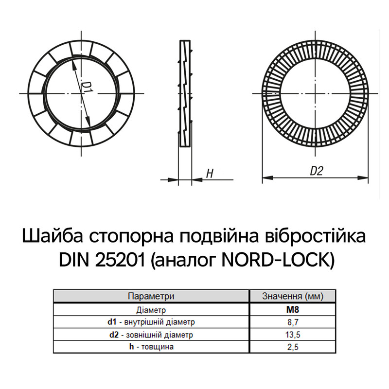 DIN25201 М8 внешний ⌀13,5мм толщина 2,5мм сталь шайба стопорная вибростойкая Delta-MKS (25 шт.) [7XNL0007XNL00813D0] Metalvis