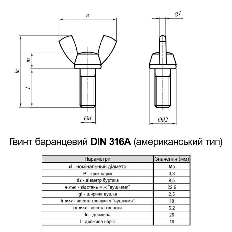 DIN316A М5х16 сталь винт барашковый оцинкованный полная резьба шаг 0,8 (25шт.) [5K20000005KO50162A] Metalvis
