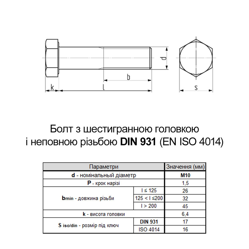 DIN931 М10х80 резьба L26 сталь 8.8 оцинкованный болт с шестигранной головкой под ключ 17мм (50шт.) [5M62000005M6X0802C] Metalvis
