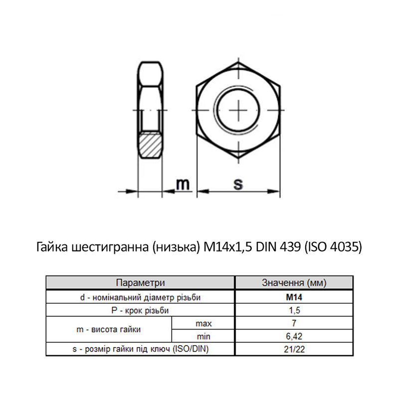 DIN439B М14 сталь 4 мелкий шаг 1,5 под ключ 22мм гайка шестигранная низкая цинк белый (10 шт.) [6Z20000006Z1420001]Metalvis