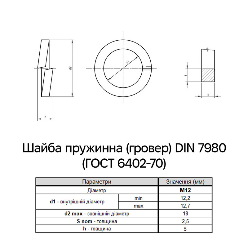 DIN7980 М12 внешний ⌀18мм толщина 2,5мм сталь шайба пружинная (гровер) цинк белый (100 шт.) [7P20000007P1220000] Metalvis