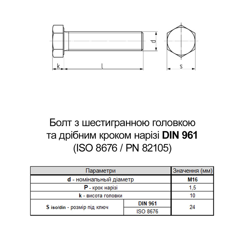 DIN961 М16х80 полная резьба мелкий шаг 1,5мм сталь 10.9 болт шестигранная головка под ключ 24мм [5T60005T6X61508000] Metalvis