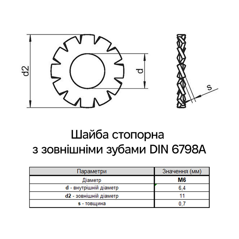 DIN6798A М6 внешний ⌀11мм толщина 0,7мм сталь шайба стопорная зубчатая цинк белый (250 шт.) [7V20000007V0620000] Metalvis