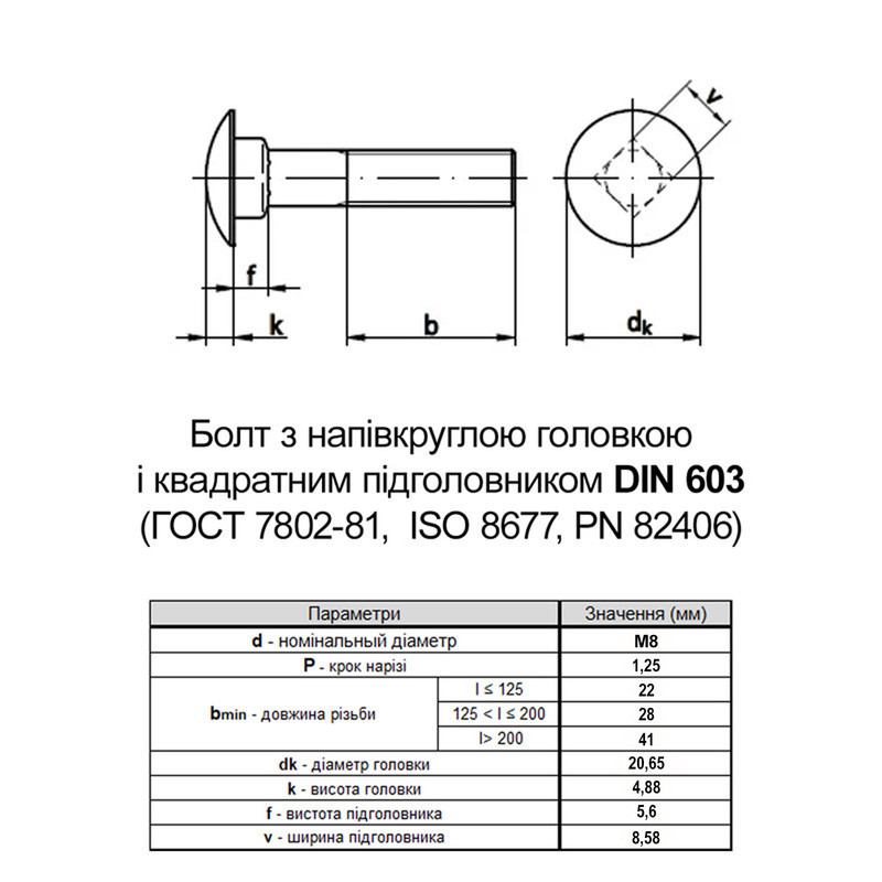 DIN603 М8x45 Болт напівкругла головка, квадратний підголовник нержавіюча сталь часткова різьба L22 (100 шт.) [N5V00000N5V0804500] Metalvis