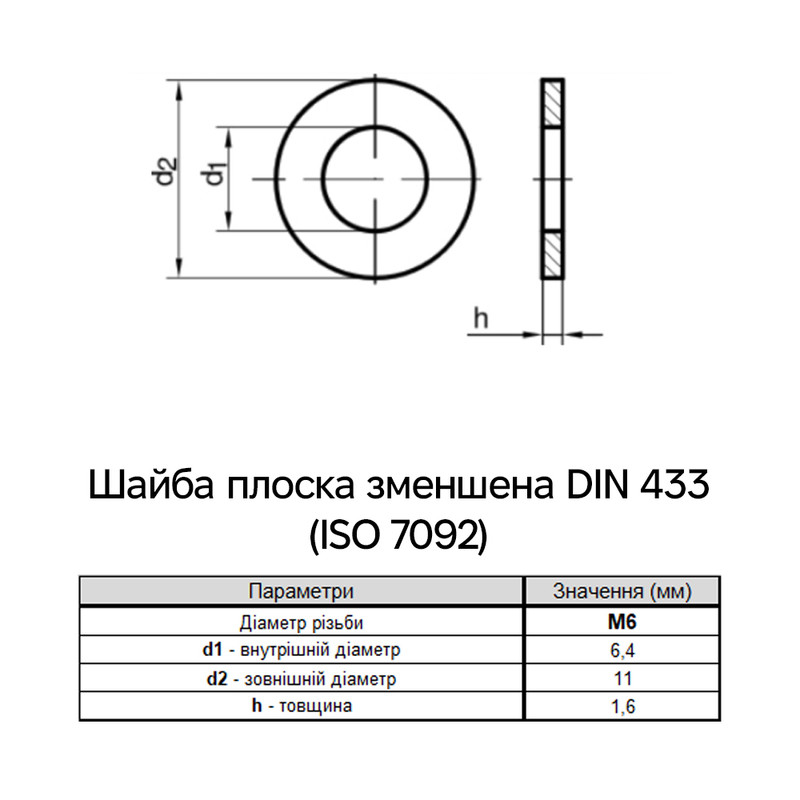 DIN433 М6 внешний ⌀11мм толщина 1,6мм сталь шайба плоская уменьшенная цинк белый (250 шт.) [7O20S0007O20S06020] Metalvis
