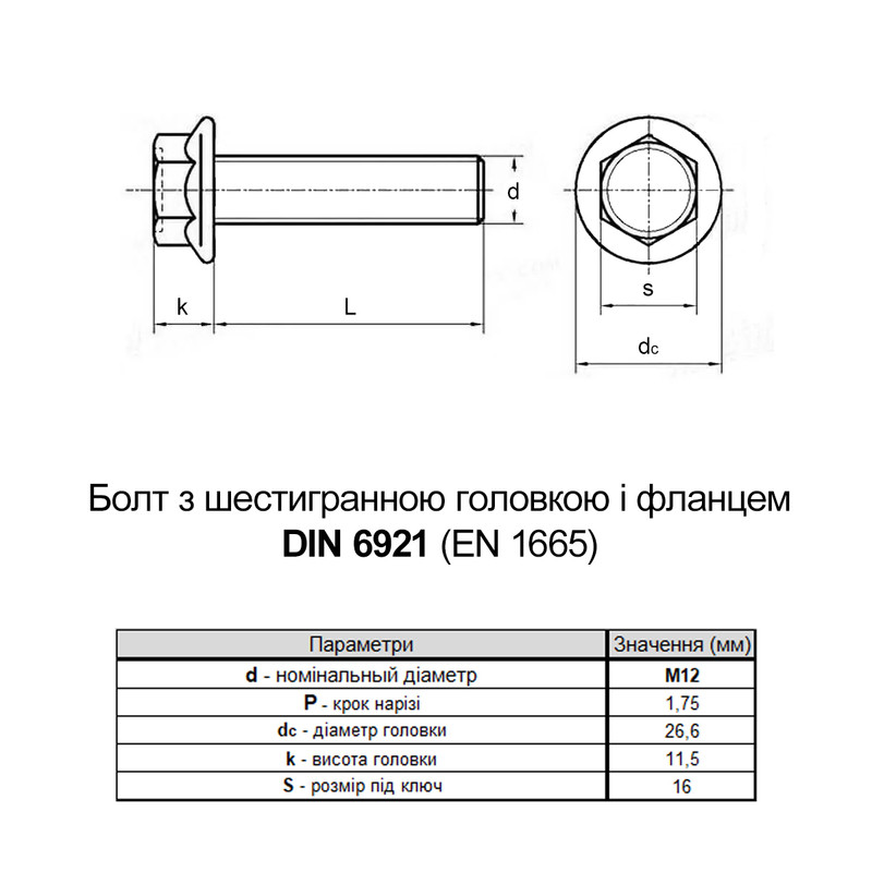 DIN6921 М12х20 резьба L20 сталь 10.9 болт шестигранный с фланцем под ключ 16мм (50шт.) [5M6L0MLX200020A000] Metalvis