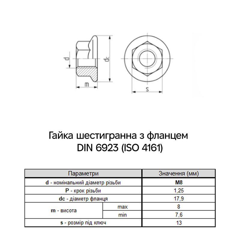 DIN6923 М8 сталь 10 шаг 1.25 под ключ 13мм гайка шестигранная с фланцем Delta-MKS (50 шт.) [6L20000006L08A00D0] Metalvis