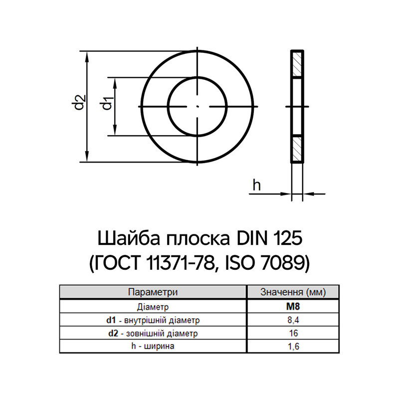 DIN125 М8 внешний ⌀16мм толщина 1,6мм полиамид шайба плоская (50 шт.) [P7O00000P7O0840000] Metalvis