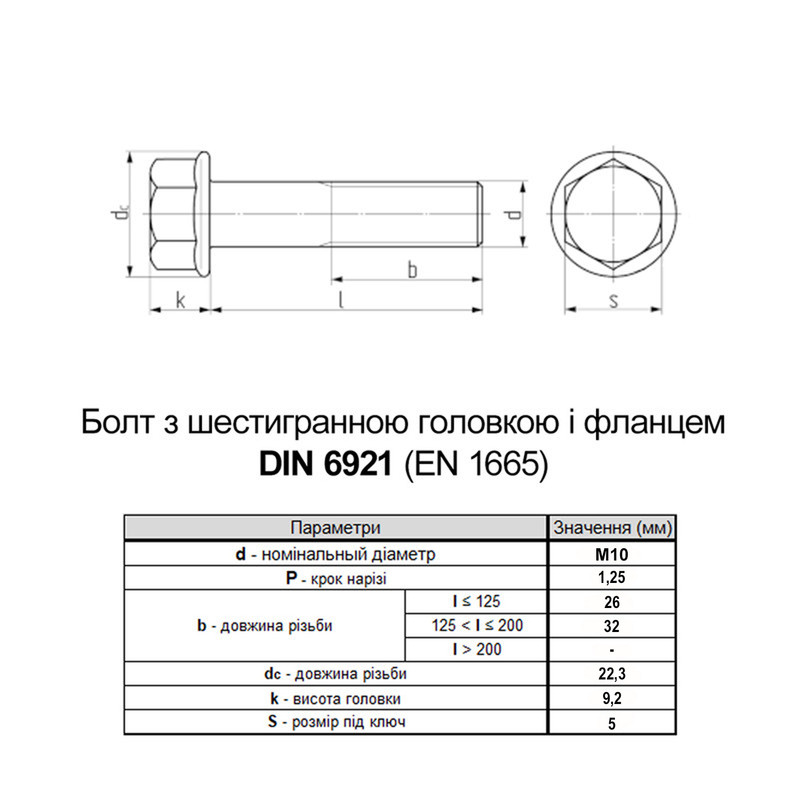 DIN6921 М10x20 різьба L20 сталь 8.8 цинк болт шестигранний з фланцем під ключ 15мм (100 шт.) [5M6L0MLX00002082Z0] Metalvis
