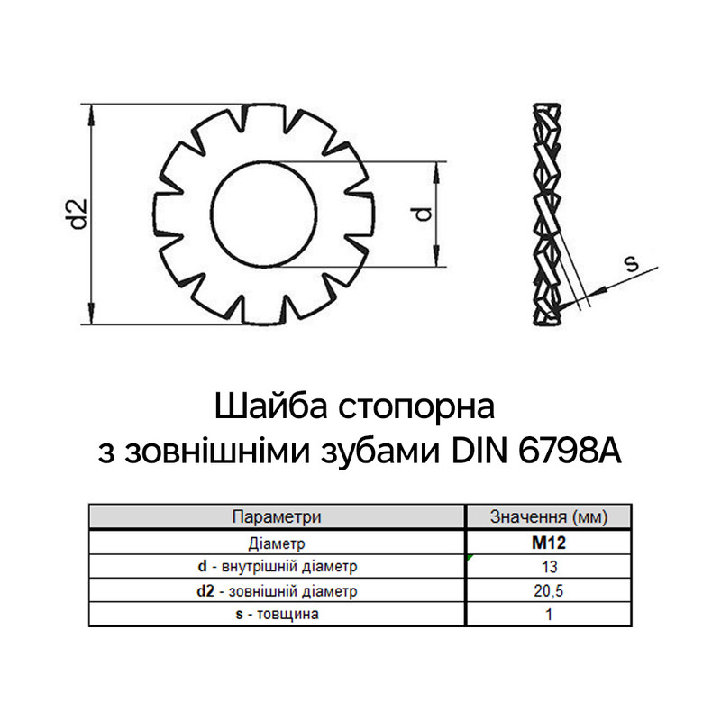 DIN6798A М12 внешний ⌀20,5мм толщина 1мм сталь шайба стопорная зубчатая цинк белый (50 шт.) [7V20000007V1220000] Metalvis
