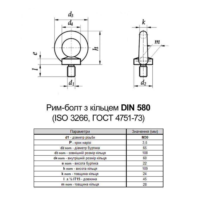 DIN580 М30х45 сталь болт з кільцем (рим-болт) оцинкований [5M8200000B5M830000] Metalvis
