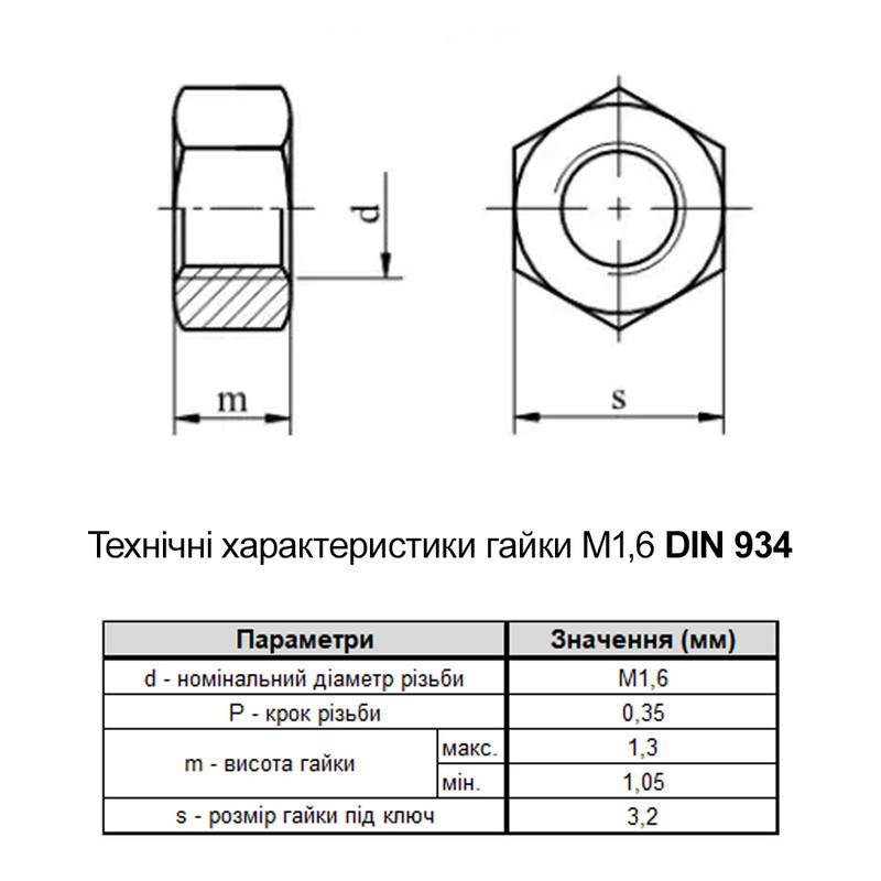 DIN934 М1,6 нержавіюча сталь крок 0,35 під ключ 3,2мм гайка шестигранна (10 шт.) [N6000000N600160000] Metalvis
