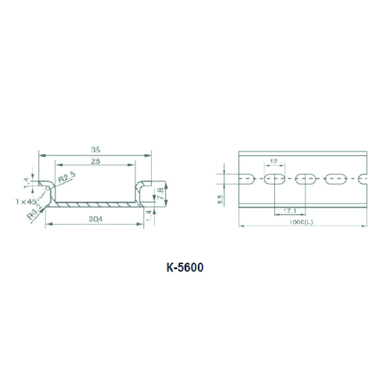 DIN-рейка 35x7,8x1,4мм L=1м перфорированная алюминиевая [A0150010106] K-5600 АСКО