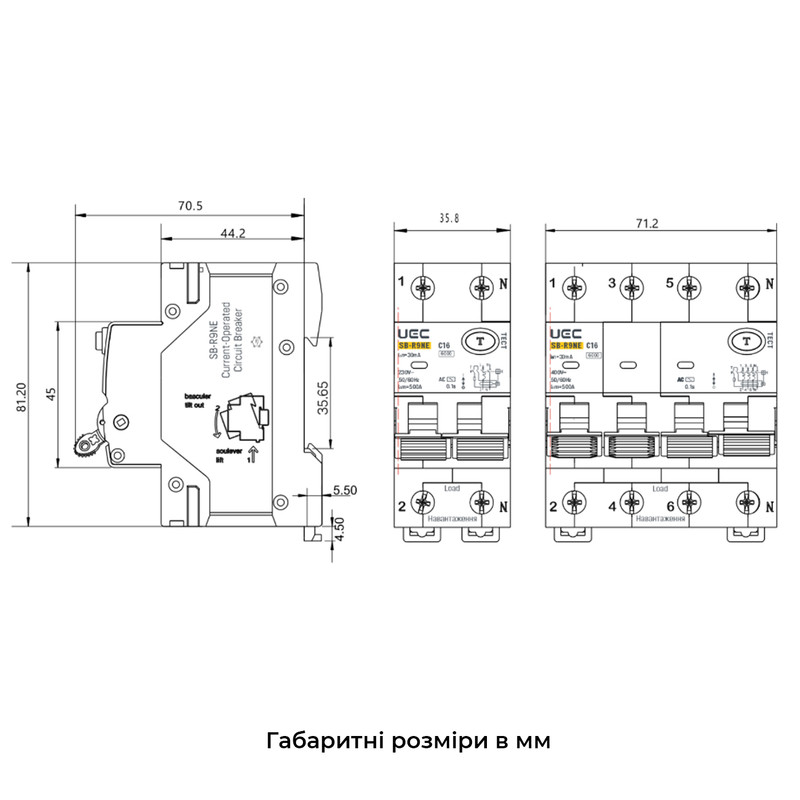 Дифференциальный выключатель 4P 40А 30мА 6кА "C" тип АС [RCBO60-4-040-C-030-AC] SB-R9NE UEC