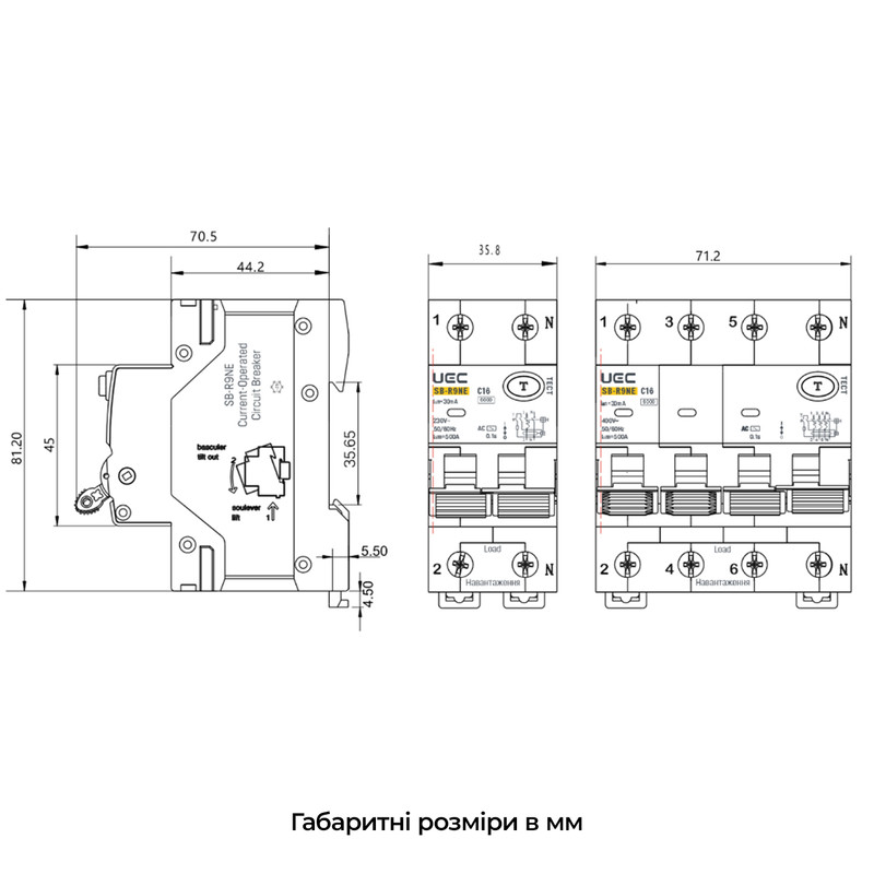 Дифференциальный выключатель 2P 40A 30mA 6kA "C" тип A [RCBO60-2-040-C-030-A] SB-R9NE UEC
