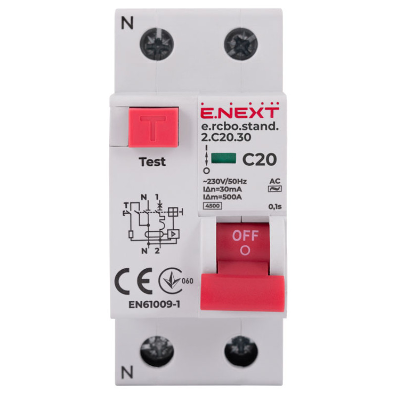 Дифференциальный выключатель 1P+N 20А 30мА "С" тип АС [s034104] E.NEXT e.rcbo.stand.2.C20.30