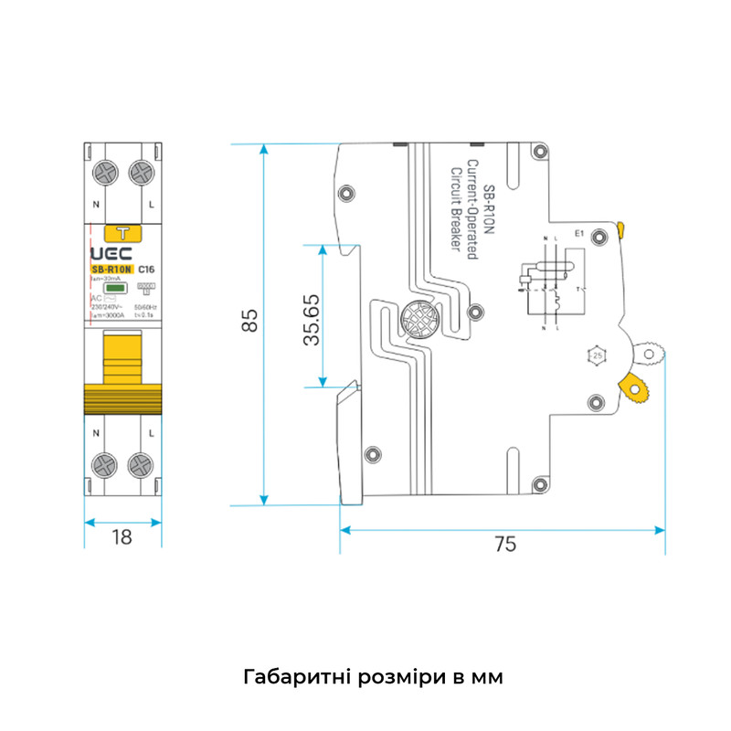 Дифференциальный выключатель 2P 20А 30мА 6кА "C" тип АС [RCBO-R10N-2-020-C-030-AC] SB-R10N UEC