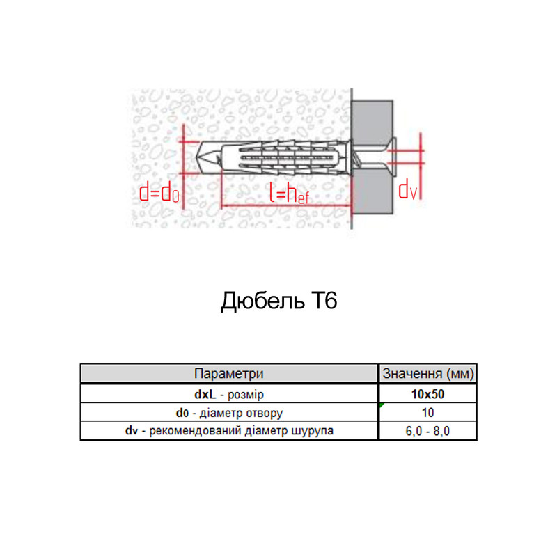 Дюбель 10х50 нейлон под шуруп ⌀6-8мм (50 шт.) [92T2L000092T210500] T6 Elematic