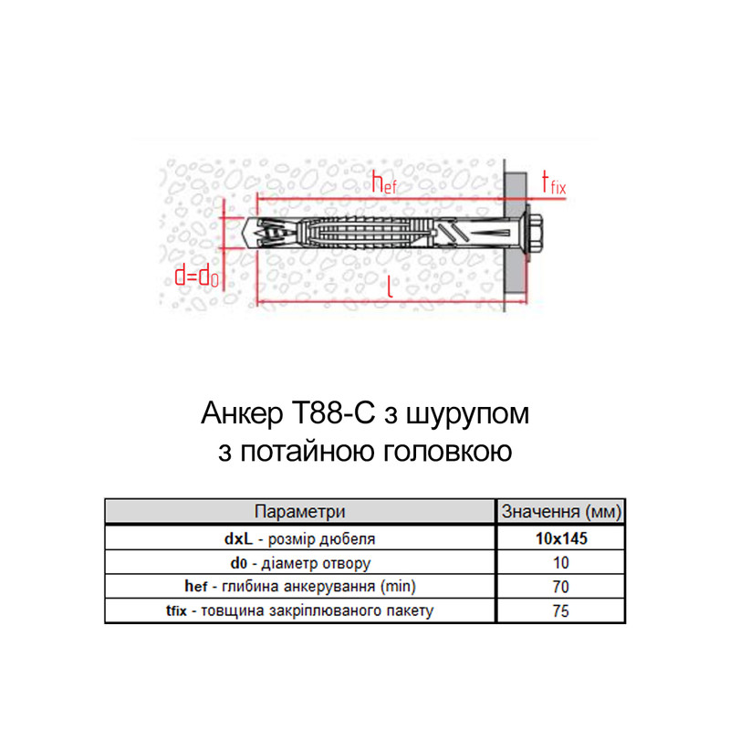 Дюбель 10х145 прижим 75мм нейлон с шурупом потаная головка цинк (10 шт.) [92A10000092A1X0A5P] Prolongi-C Elematic