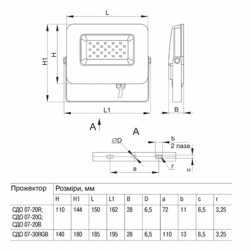 Прожектор LED 20W 230V 2100lm IP65 28x150x144mm сірий [LPDO7B-01-20-K03] УЕК СДО 07-20B blue