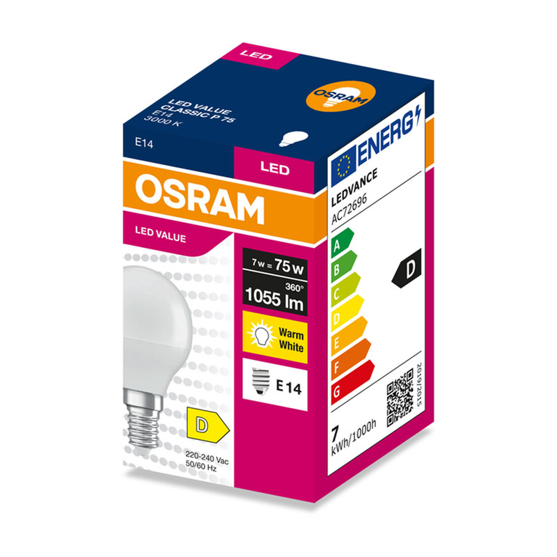 Лампа светодиодная 7W 230V 1055lm 3000K E14 45x82mm шар [4099854547539] LED VALUE CL P75 OSRAM