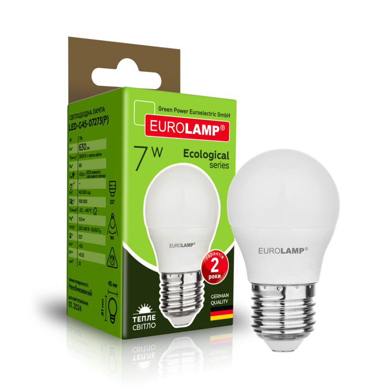 Лампа светодиодная 7W 220V 630lm 3000K E27 45x81mm шар [4262380665026] EUROLAMP LED-G45-07273(P)