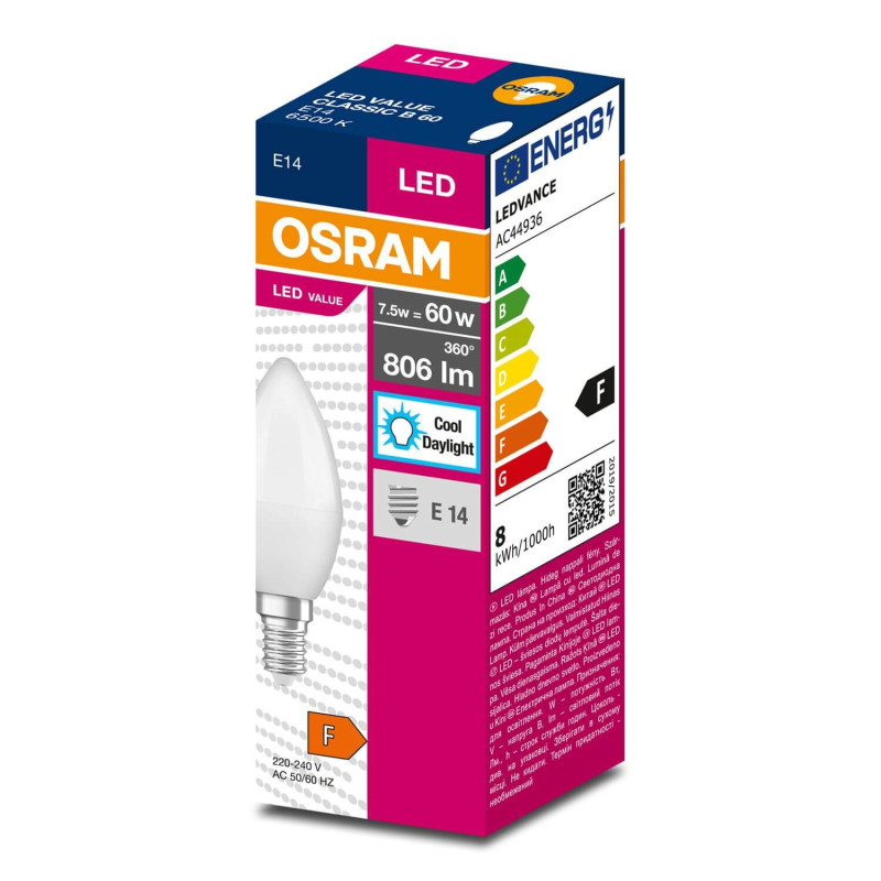 Лампа LED 7,5W 230V 806lm 6500K E14 38x110mm свічка [4058075311909] LED VALUE CL B60 OSRAM