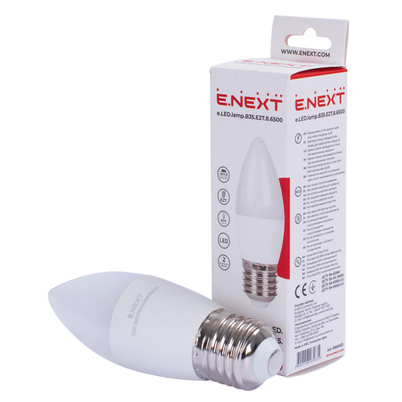 Лампа LED 8W 220V 800lm 6500K E27 свеча [l0650631] E.NEXT e.LED.lamp.B35.E27.8.6500