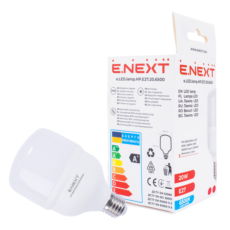 Лампа светодиодная 20W 230V 2000lm 6500K E27 80x139mm сверхмощная [l0650722] E.NEXT e.LED.lamp.HP.E27.20.6500