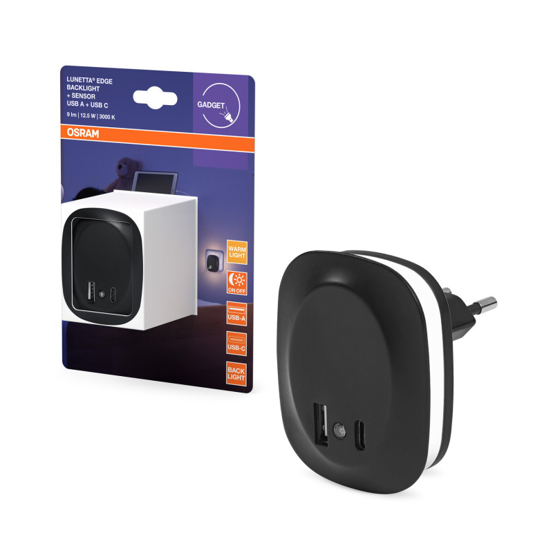 Ночник 12.5W 230V 9lm 3000K 58x70x60mm [4099854532078] Osram Lunetta Edge USB A&C с датчиком освещенности