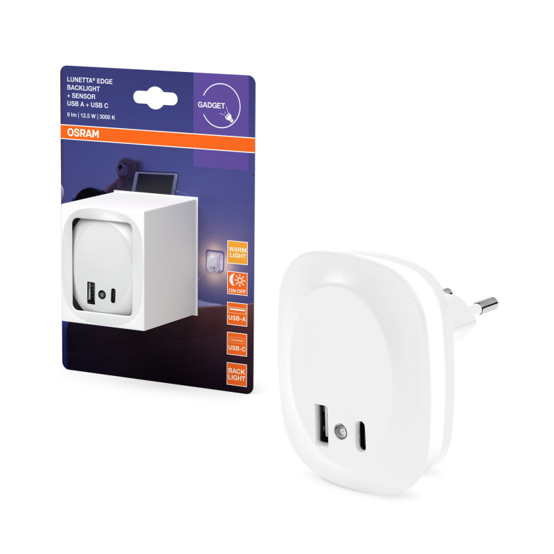 Ночник 12.5W 230V 9lm 3000K 58x70x60mm [4099854532115] Osram Lunetta Edge USB A&C